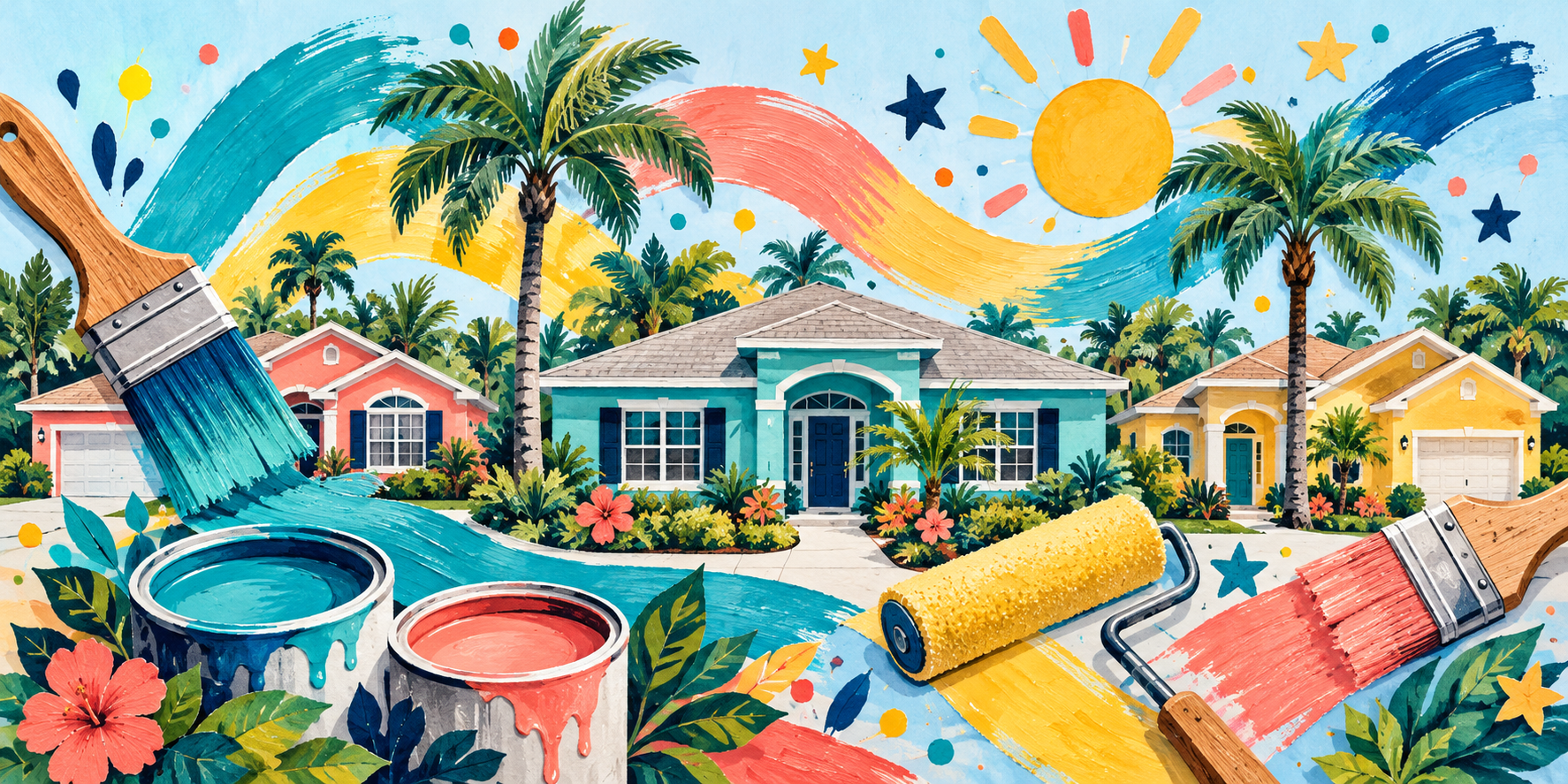 Playful painted illustration of colorful Florida houses, paintbrushes, rollers and paint tins